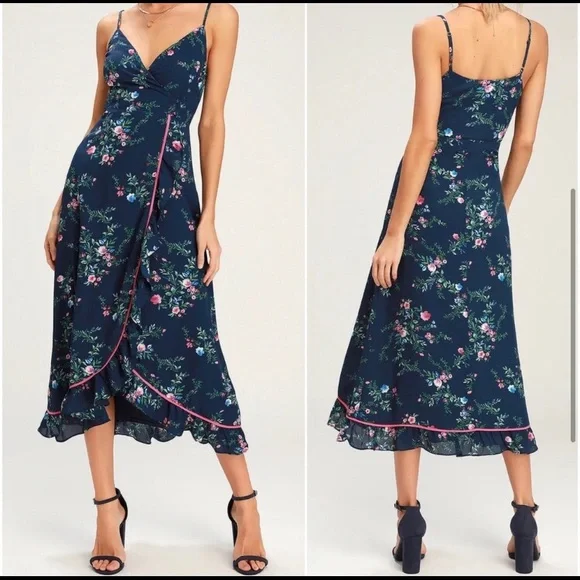 Floral wrap navy midi women’s dress - Picture 3 of 3